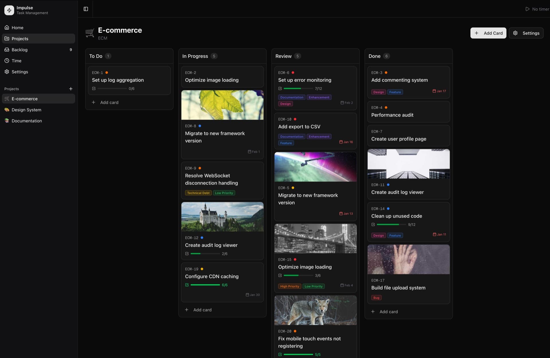 stageburn board view showing a Kanban board with cards organized in To Do, In Progress, Review, and Done columns